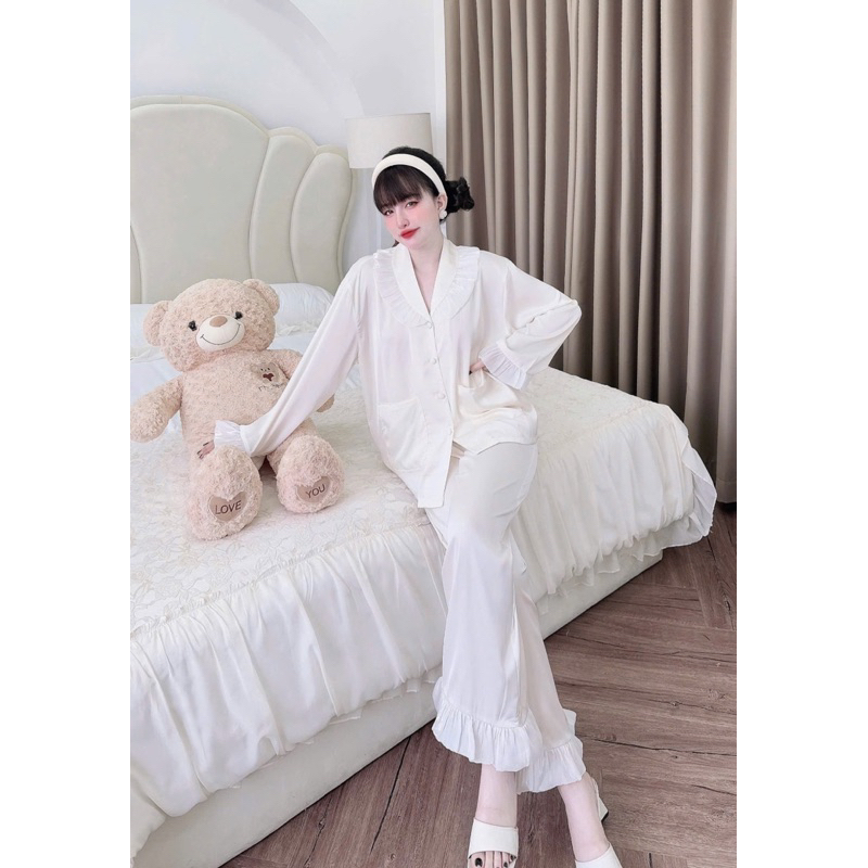 50-65kg Bộ pijama tiểu thư cổ sam phối voan óng lụa latin mềm mát