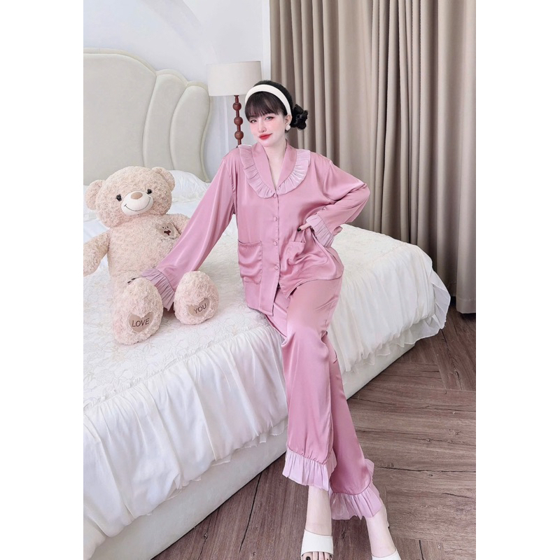 50-65kg Bộ pijama tiểu thư cổ sam phối voan óng lụa latin mềm mát