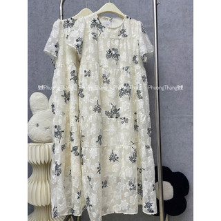 Váy bầu - CỘC TAY  HOA XÁM XÙ - 2 lớp MẶC XINH SANG