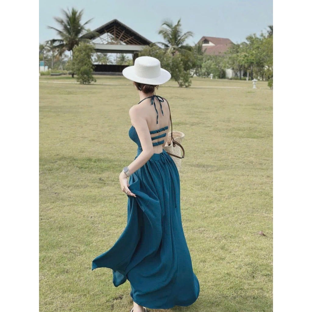 Ms 077 MAXI XANH Thời Trang Đi Biển Sét áo lông vũ mặc dc 2 kiểu chuẩn hình chân váy có lót quần đầy đủ cao cấp HAN.SHOP