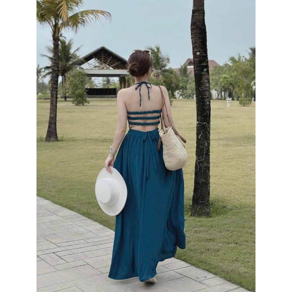 Ms 077 MAXI XANH Thời Trang Đi Biển Sét áo lông vũ mặc dc 2 kiểu chuẩn hình chân váy có lót quần đầy đủ cao cấp HAN.SHOP