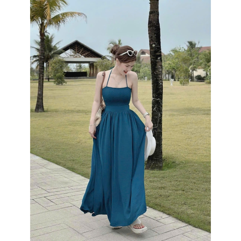 Ms 077 MAXI XANH Thời Trang Đi Biển Sét áo lông vũ mặc dc 2 kiểu chuẩn hình chân váy có lót quần đầy đủ cao cấp HAN.SHOP