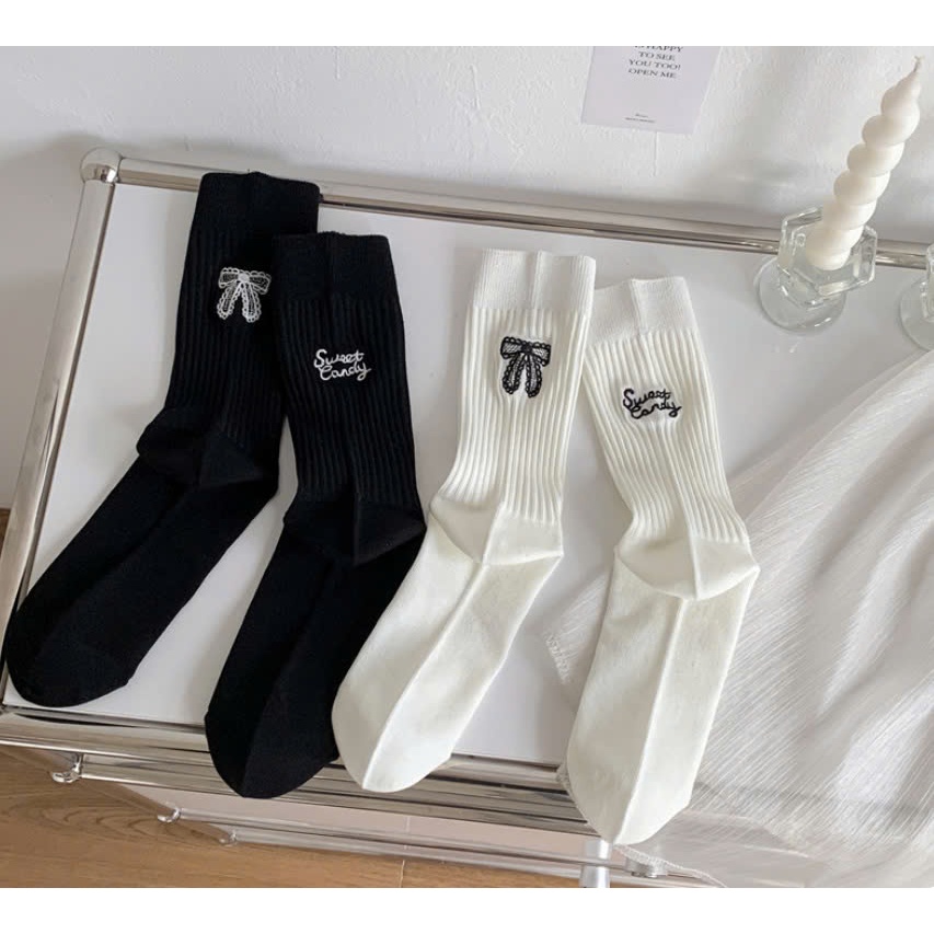 Vớ Tất nữ thêu hình Nơ, chữ SWEET loại đẹp 4 màu siêu dễ thương, xinh xắn
