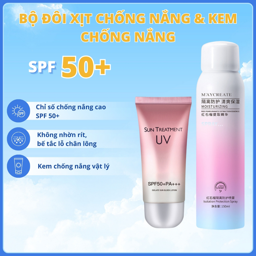 COMBO Kem Chống Nắng Da Mặt Và Xịt Chống Nắng Body SPF50+ Sunscreen Chăm Sóc Da