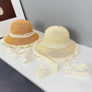 Mũ Cói Đi Biển Vành Tròn Cho Bé 2-10 Tuổi Mẫu Viền Ren pk11