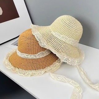 Mũ Cói Đi Biển Vành Tròn Cho Bé 2-10 Tuổi Mẫu Viền Ren pk11