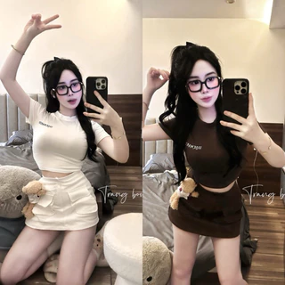 Sét đồ nữ, áo thun phối chữ croptop , Chân váy ngắn tặng kèm gấu cực xinh (Chuẩn loại 1)