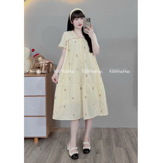 VÁY BẦU CỘC TAY THÊU THỎ 2 LỚP CỔ VUÔNG XINH - 2 Màu