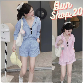 Set Áo Sơ Mi Quần Đùi Thêu Gấu Nổi Set Sơ Mi Chất Vải Sọc Kẻ QC Mềm Mát Cực Xinh Bun Shop20