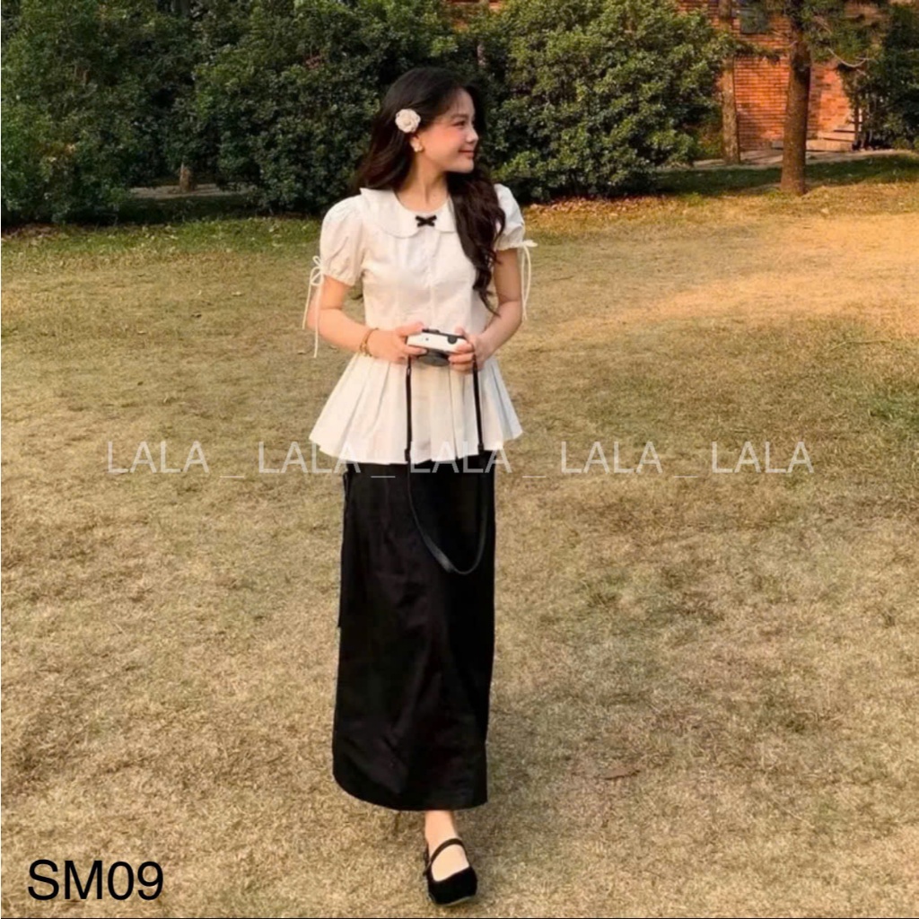 Áo sơ mi cổ sen dáng baby doll chiết eo xếp ly đính nơ LALASTORE SM09