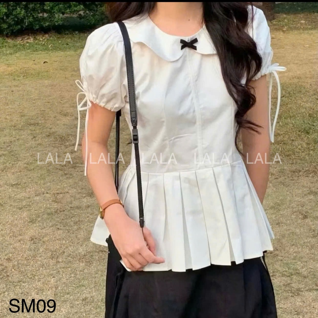Áo sơ mi cổ sen dáng baby doll chiết eo xếp ly đính nơ LALASTORE SM09