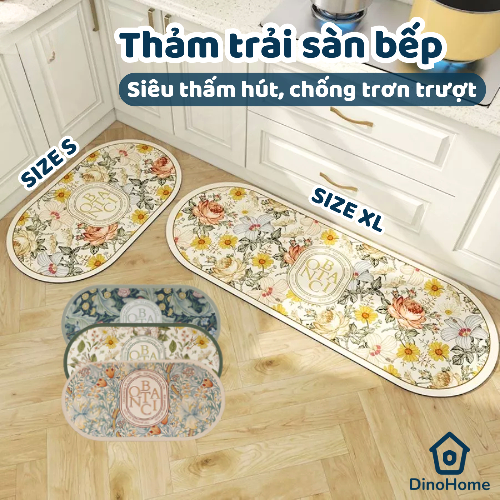 Thảm Trải Sàn Nhà Bếp Siêu Thấm Hút Nước Vải Tảo Cát Cao Cấp,thảm chùi chân lót cao su chống trơn trượt dễ dàng DinoHome