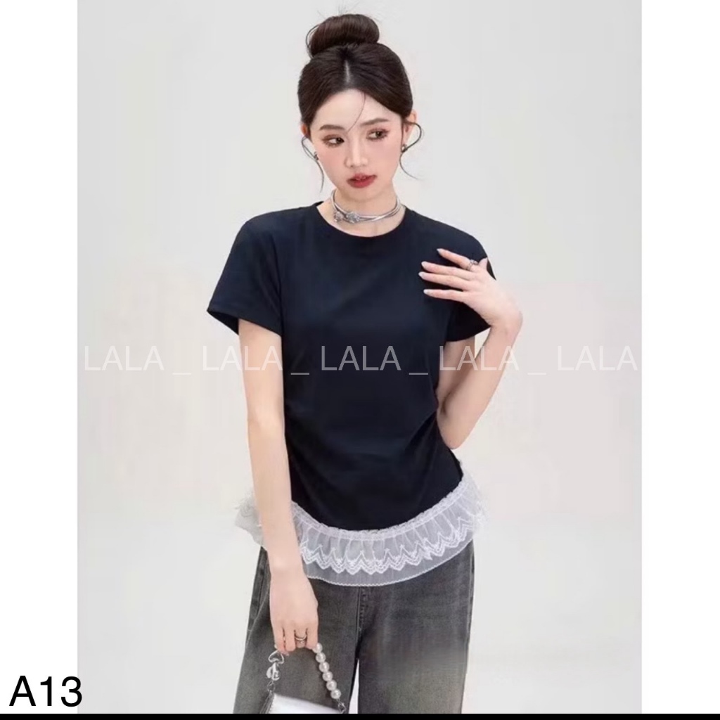 Áo thun tăm cộc tay nhún eo phối ren tầng siêu xinh LALASTORE A13