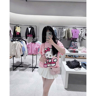 [New Trend] Áo Thun Hình In Kitti Dễ Thương Màu Hồng Phấn Nhạt Chất Cotton Thời Trang Nữ Trẻ,Áo Phông In Hình Dễ Thương