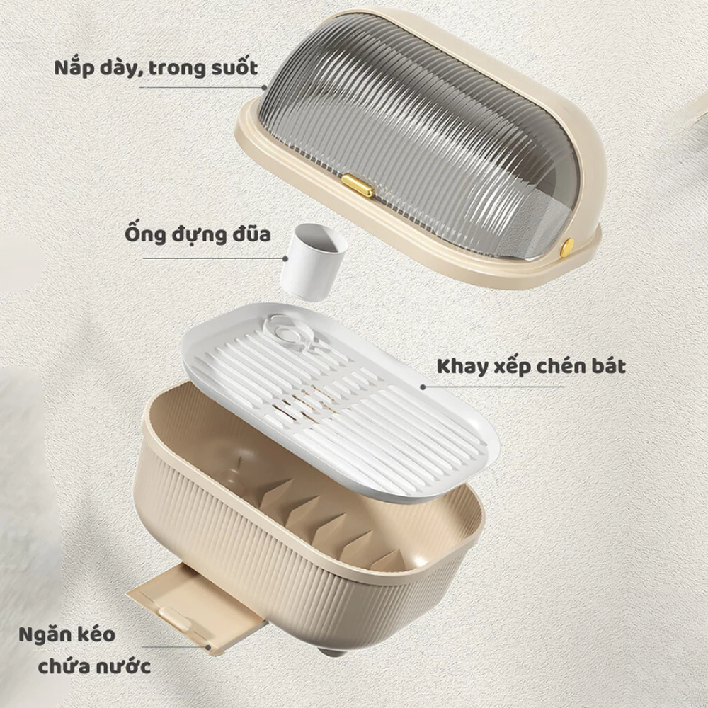 Hộp đựng bát đĩa có nắp đậy, tủ bếp chống côn trùng, bụi bẩn có khay thoát nước ngăn ẩm mốc bảo vệ sức khỏe