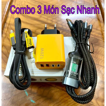 Combo Sạc Nhanh 3 Món : Củ Sạc Nhanh 120w 4 Cổng , Cáp Sạc Nhanh 100w 3 Đầu, Cáp Sạc 4 Đầu (Cáp 4in1) - Phụ Kiện Sạc ĐT