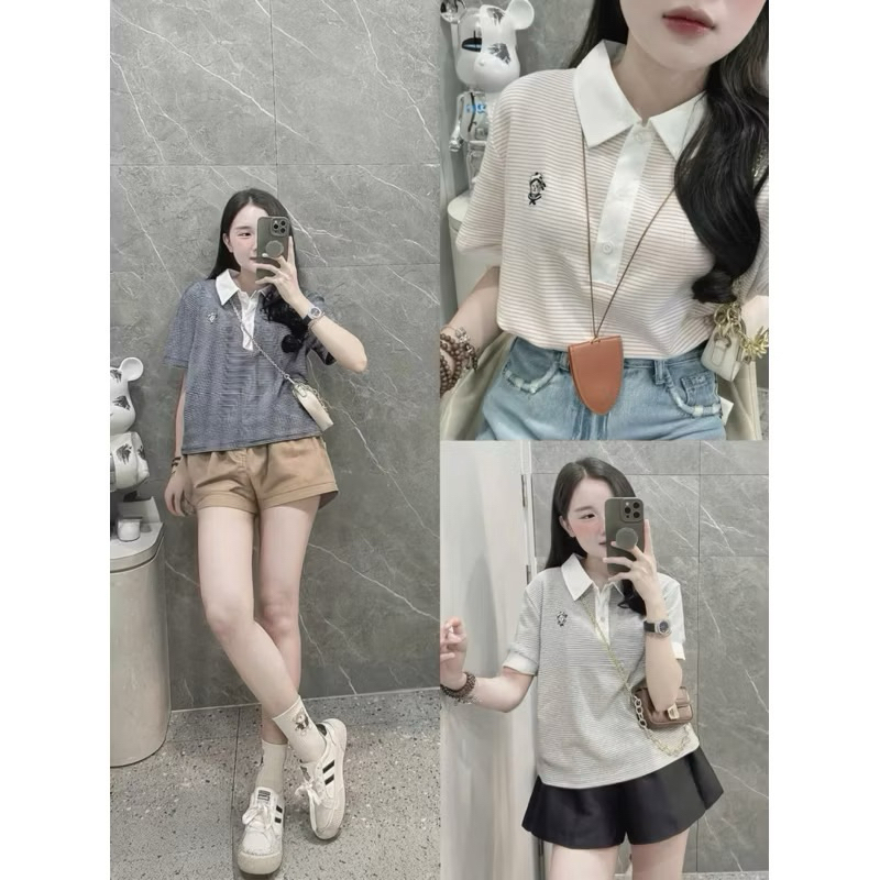 (Phuonganh18) Áo polo kẻ thêu gấu tag FBM hàng QC L1
