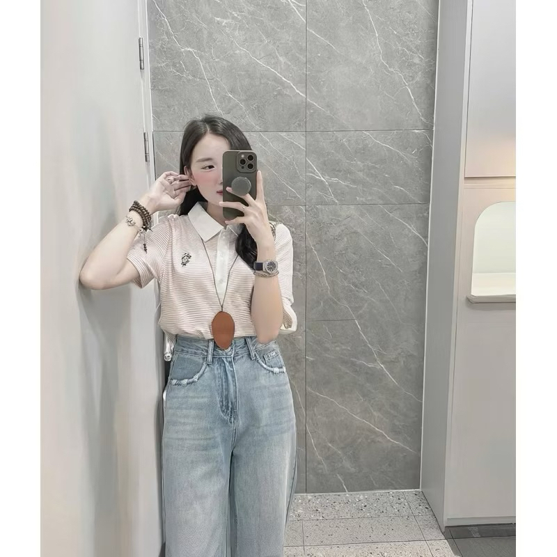 (Phuonganh18) Áo polo kẻ thêu gấu tag FBM hàng QC L1