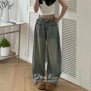 𝐌𝐈𝐍𝐈 𝐇𝐎𝐔𝐒𝐄 - Quần jeans nữ ống rộng phối line nhúm phần hông tôn dáng che khuyết điểm MINI003