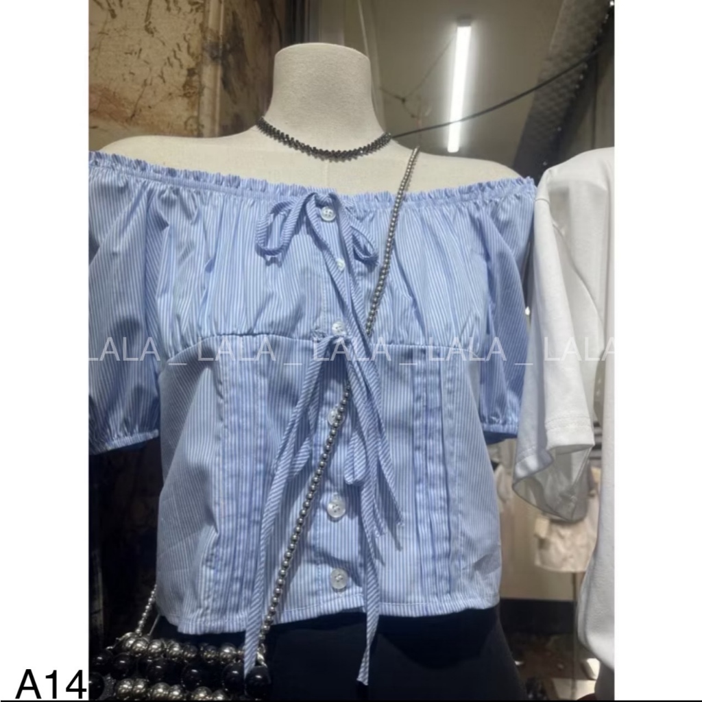Áo kiểu cổ vuông đính nơ dáng crotop, mặc đi học đi chơi LALASTORE A14