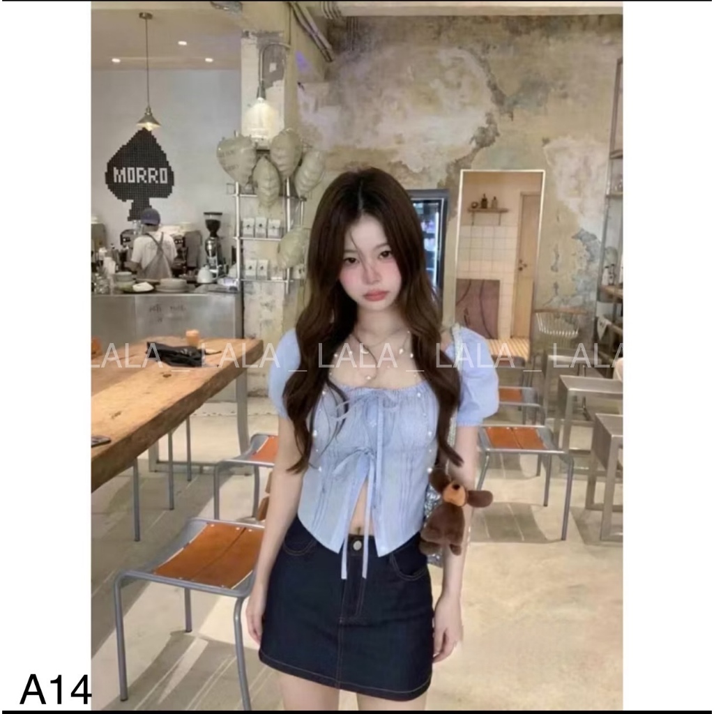 Áo kiểu cổ vuông đính nơ dáng crotop, mặc đi học đi chơi LALASTORE A14