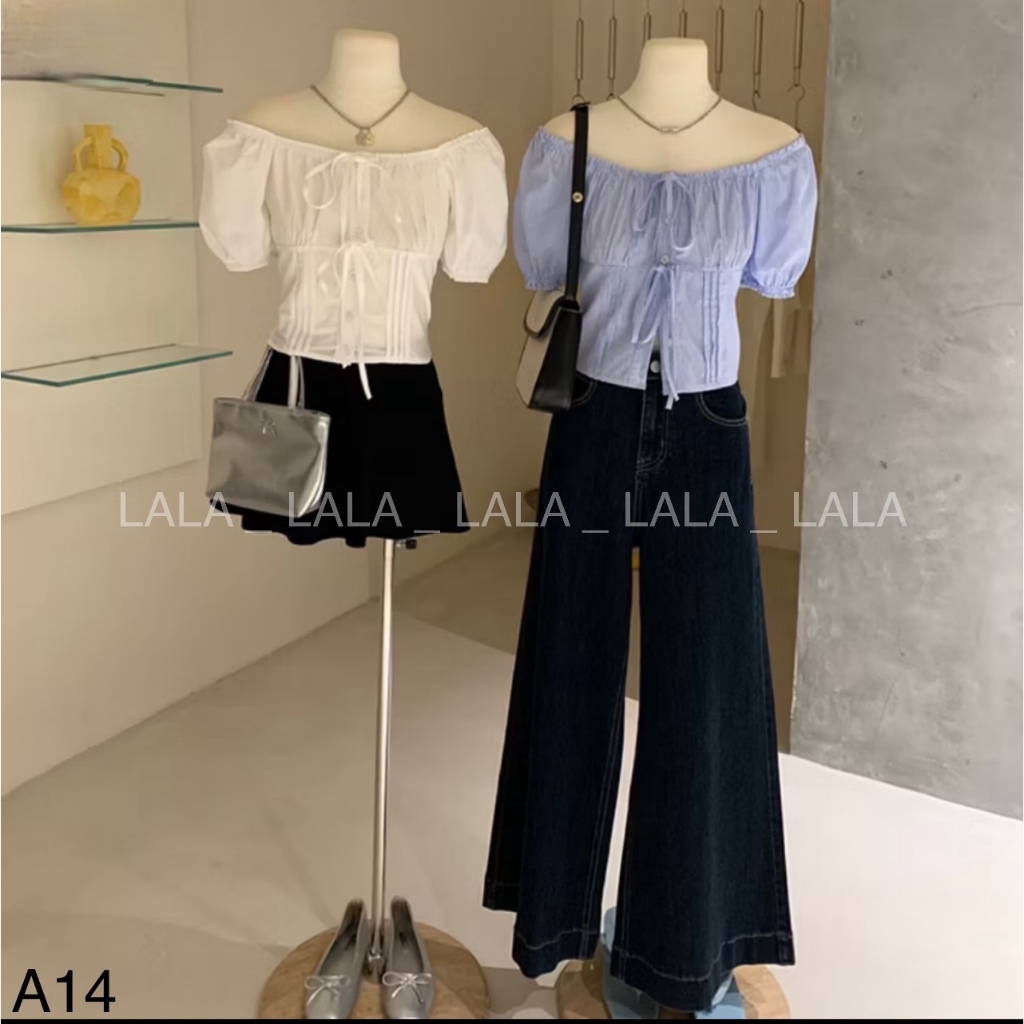 Áo kiểu cổ vuông đính nơ dáng crotop, mặc đi học đi chơi LALASTORE A14