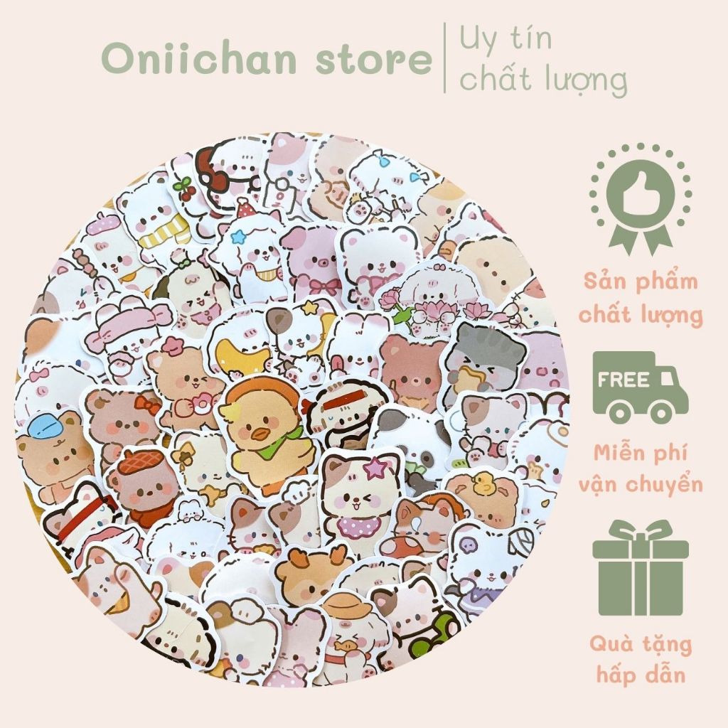set 100 sticker hình động vật dễ thương cắt sẵn có keo trang trí đồ ...