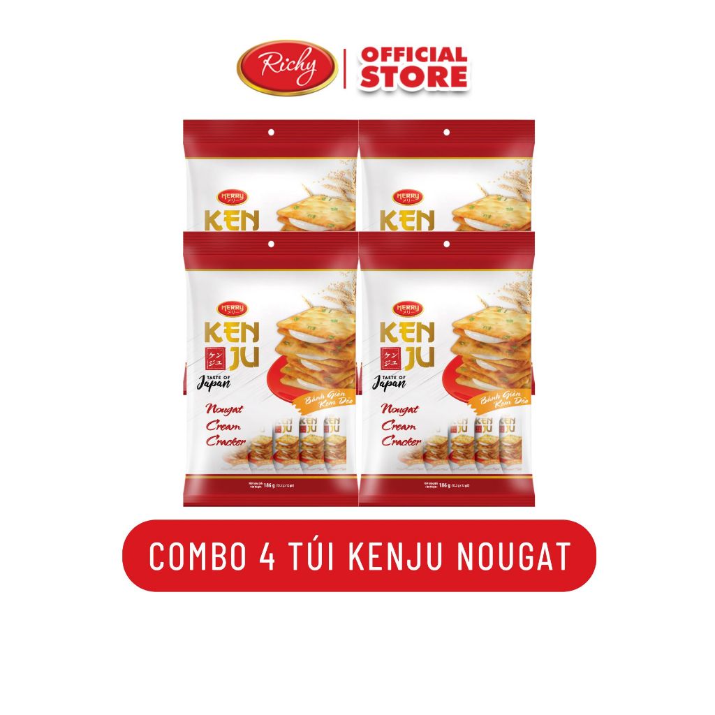 [TẶNG QUẠT ĐƠN 180K]  Combo 4 túi bánh quy kem dẻo Kenju 186g, Bánh Quy Nougat, Bánh Kẹo Richy