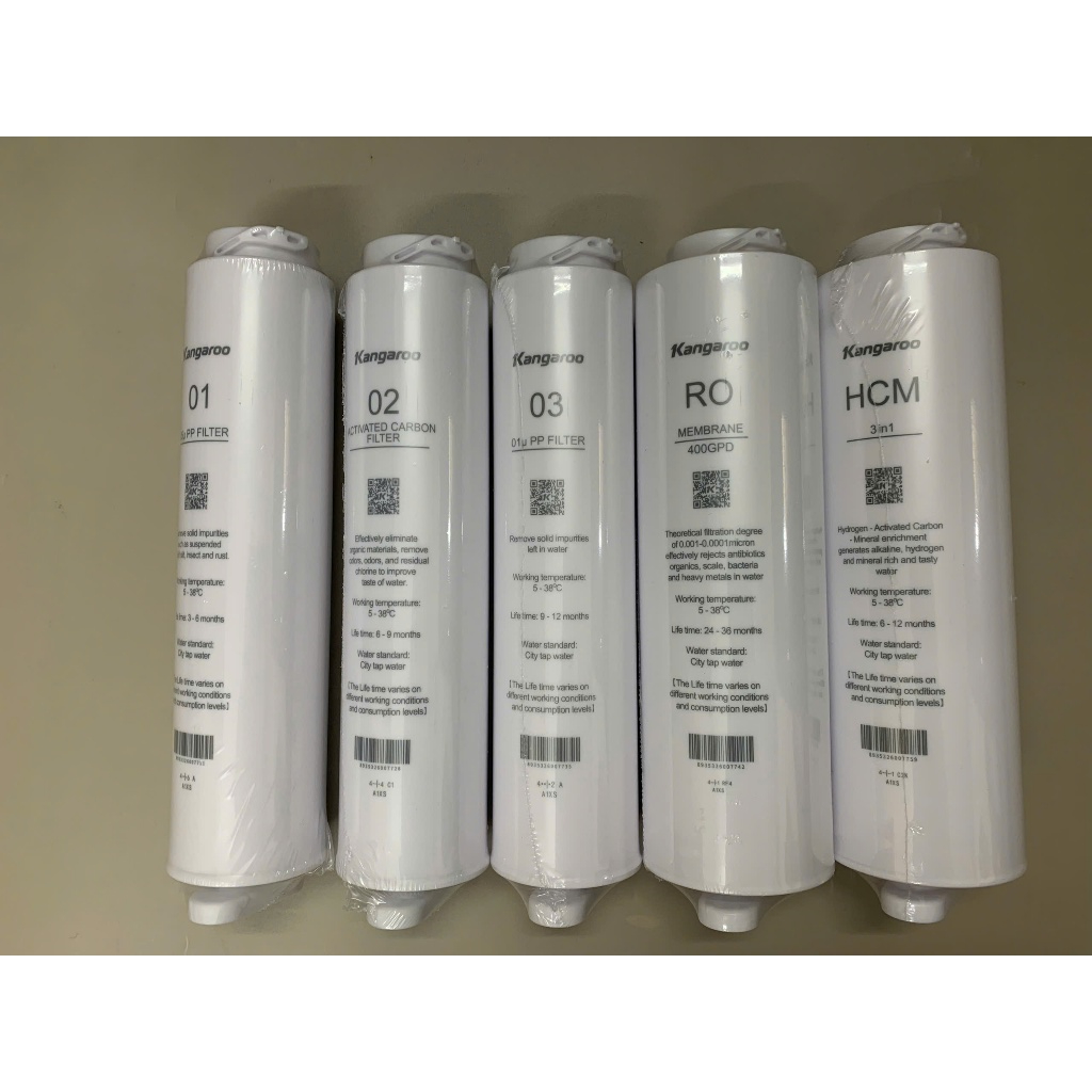 Combo 5 Lõi KG400HU Kangaroo Hàng Chính Hãng Gồm Bộ Thô 123 Màng RO 400GPD Lõi Khoáng HCM 3in1 Model 400HU,US,HD,...