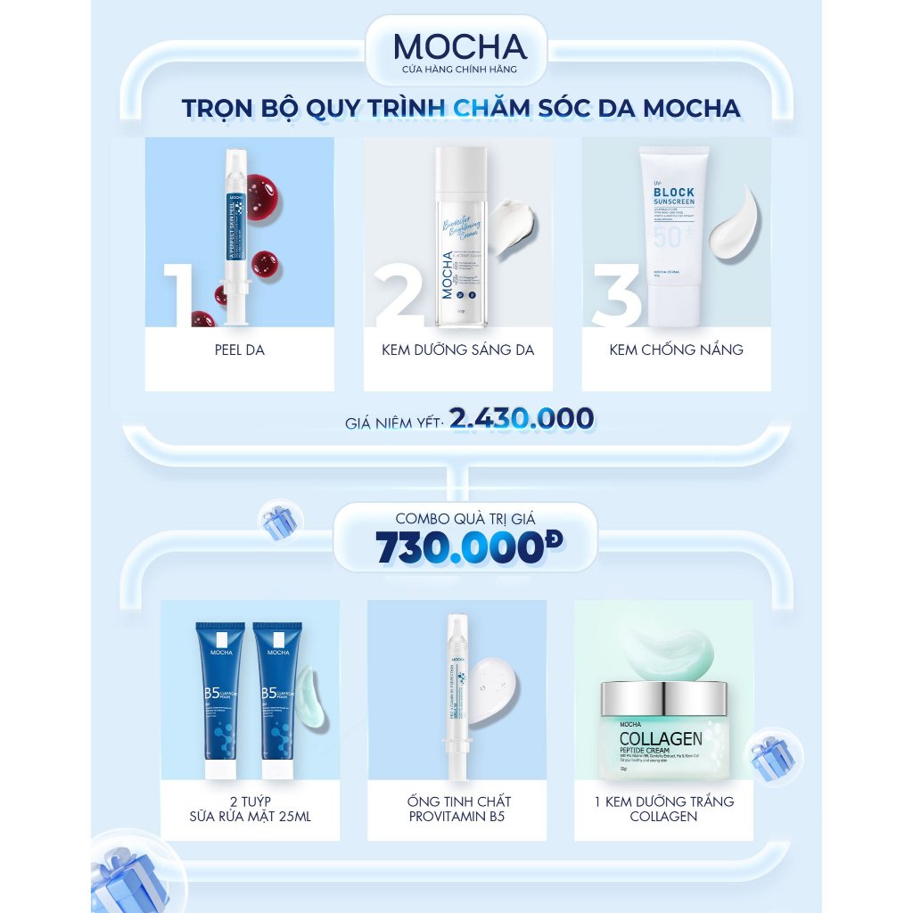Combo 4in1 Peel mocha + kem chống nắng + sữa rửa mặt 300ml + kem dưỡng trắng biovector phục hồi da dưỡng trắng