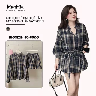 Set nữ váy kẻ MunMiu set áo sơ mi kẻ caro cổ tàu tay bồng phối dây buộc nơ mix chân váy xoè bí phồng 1303