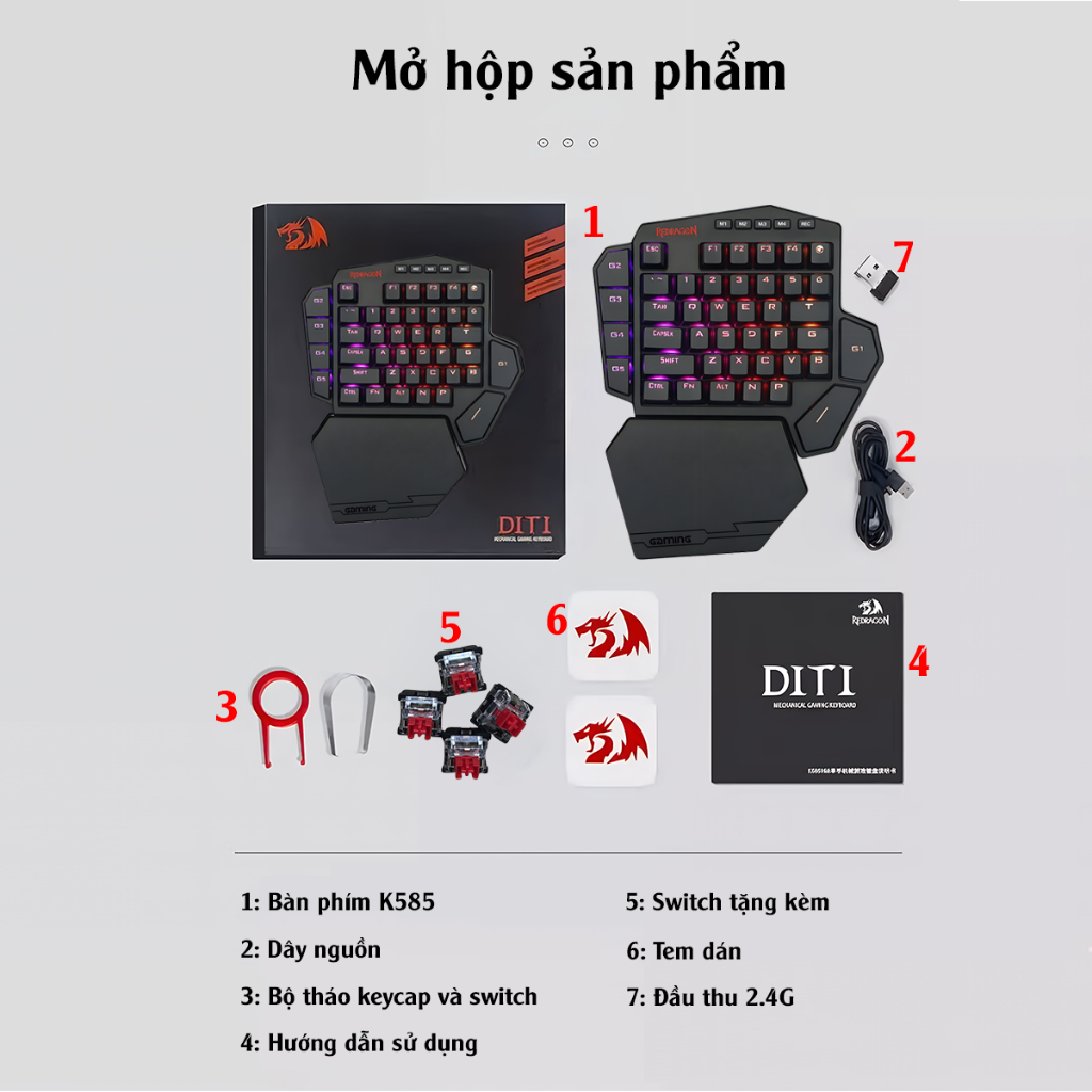 Bàn phím cơ không dây K585 RGB - Phím cơ một tay không dây REDRAGON K585 Hotswap thay nóng Phím cơ kết nối 2 chế độ | BigBuy360 - bigbuy360.vn
