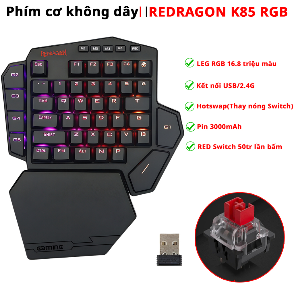 Bàn phím cơ không dây K585 RGB - Phím cơ một tay không dây REDRAGON K585 Hotswap thay nóng Phím cơ kết nối 2 chế độ | BigBuy360 - bigbuy360.vn