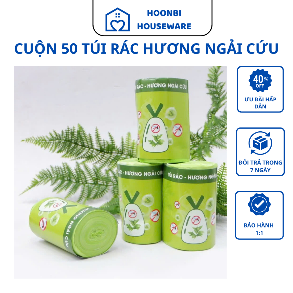 Combo 50 túi rác tự phân hủy, hương ngải cứu TR136, túi rác có dây rút ...