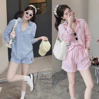 Set Đồ Áo Sơ Mi Kèm Quần Short Thêu Gấu Nổi Chất Vải Sọc Kẻ QC Mềm Mát Năng Động Chào Hè 2025