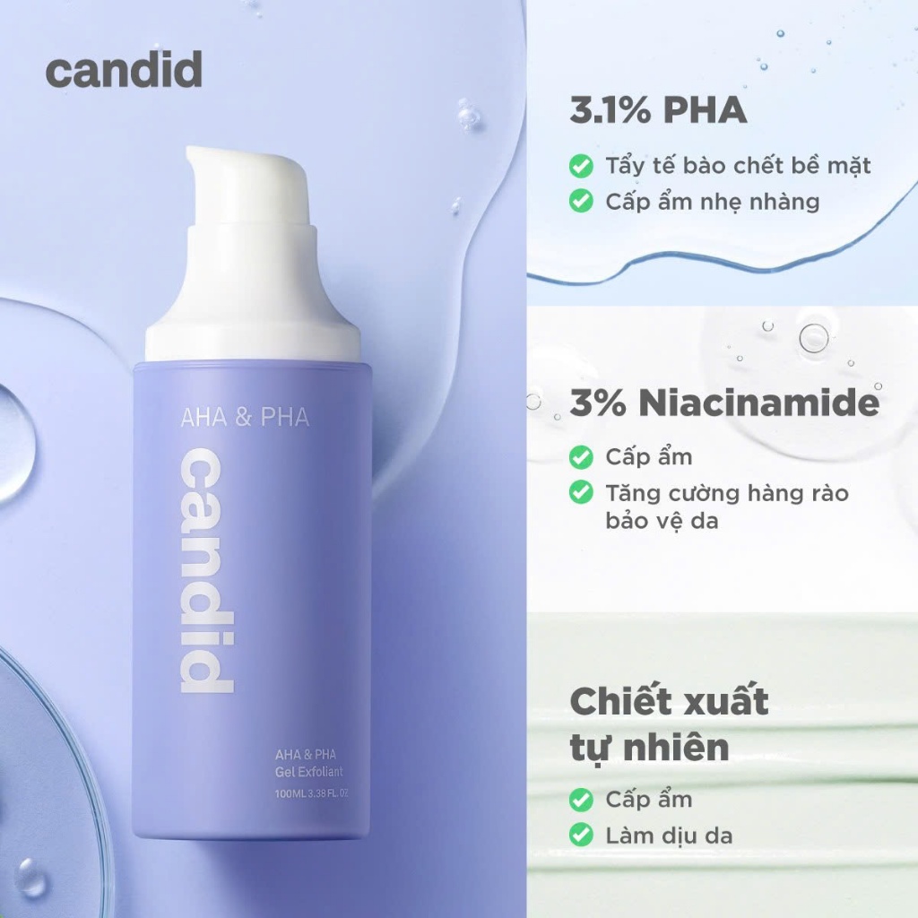 Gel tẩy tế bào chết Candid trên da nhạy cảm gồm AHA & PHA 3.1% da khô và BHA 0.4% da dầu lành tính