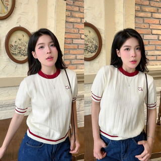 Áo len lông thỏ cộc tay mùa hè cổ tròn phối viền đỏ kẻ sọc hình thêu trái tim ALC07 thiết kế DELIZ