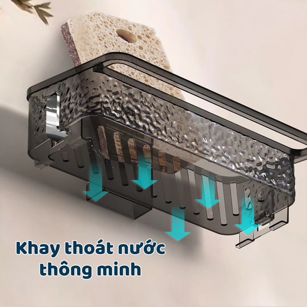 Kệ đựng đồ rửa bát chén cốc hút vân kim cương có chỗ để giẻ lau, khay hứng nước tiện lợi không khoan tường
