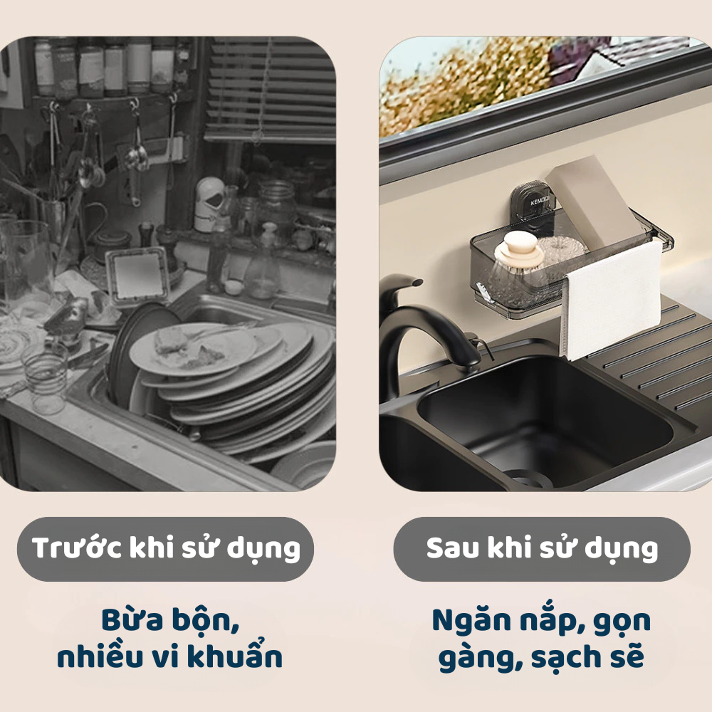 Kệ đựng đồ rửa bát chén cốc hút vân kim cương có chỗ để giẻ lau, khay hứng nước tiện lợi không khoan tường