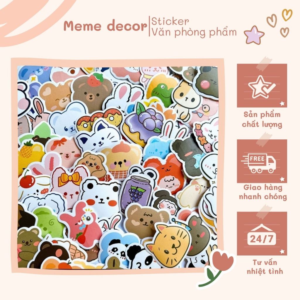 Set 100 chiếc sticker Gấu Thỏ, Mèo, Gấu Trúc cute dán mũ bảo hiểm vali ...