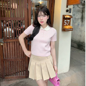 DELIZ - Áo len cổ sen cộc tay màu hồng dệt vặn thừng cách điệu cho nữ PL21 hàng thiết kế
