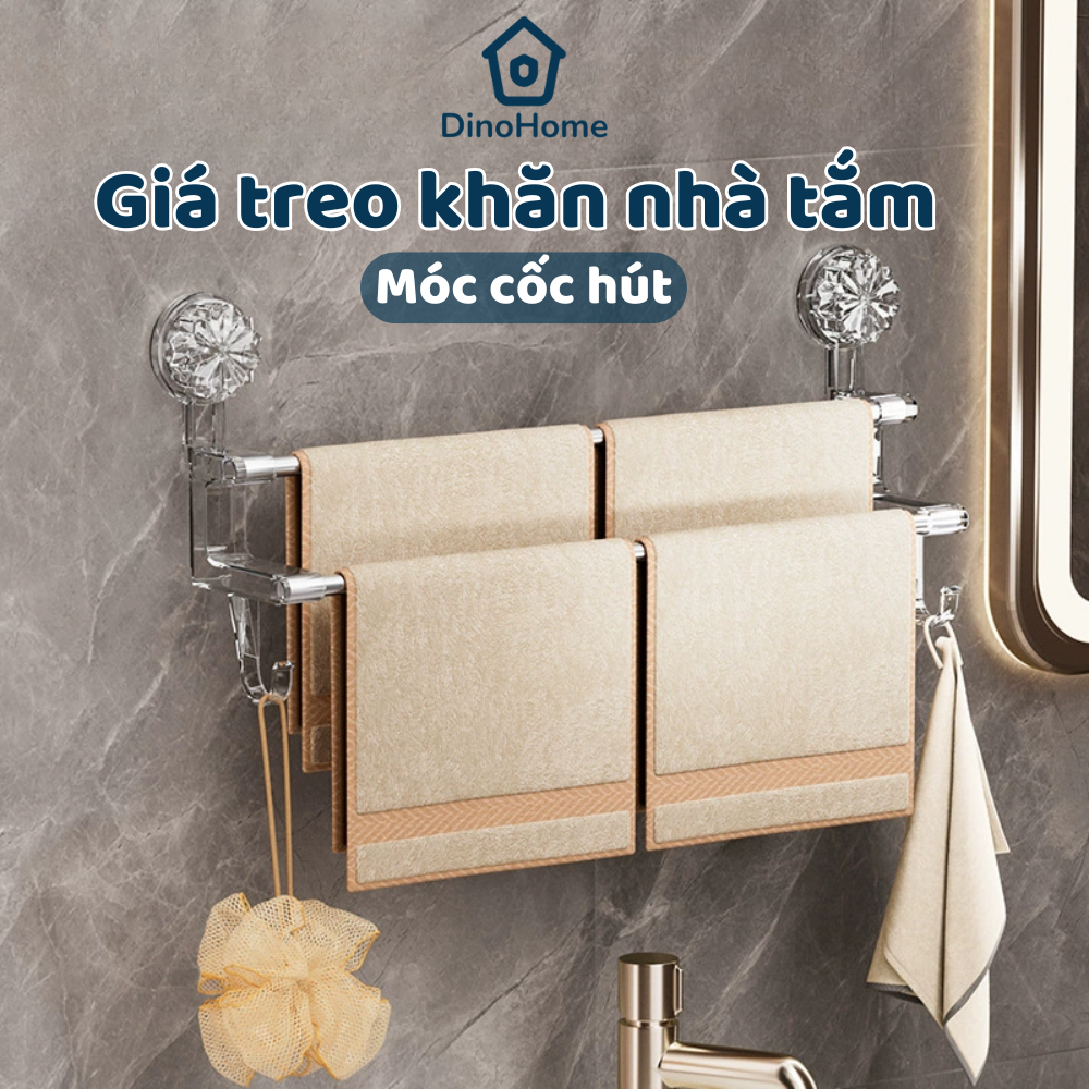 Giá Treo Khăn Nhà Tắm 2 Tầng Cốc Hút Dán Tường Không Khoan Đục, Thanh Treo Dép,Kệ Để Đồ Phơi Đồ Đa Năng DINO