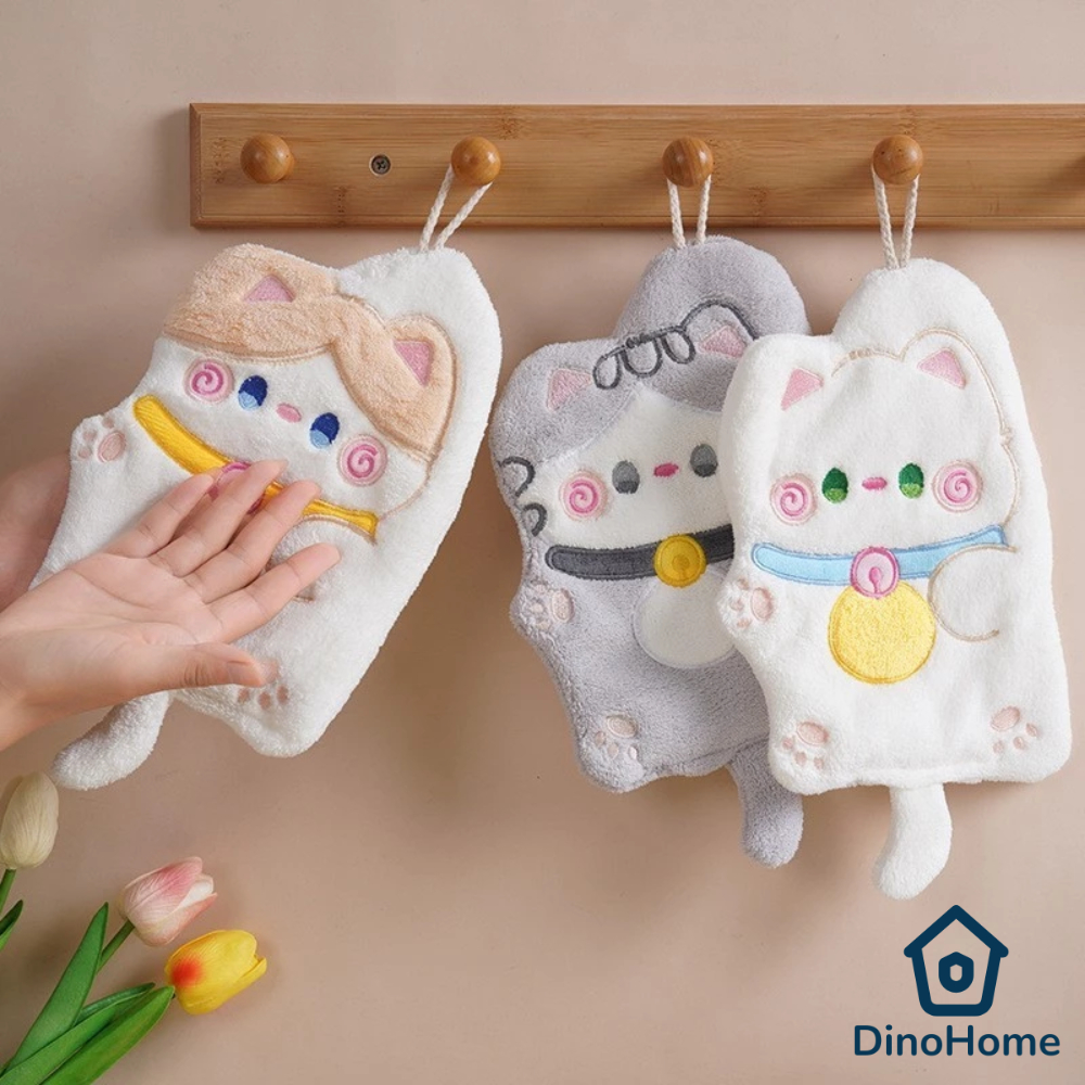 Khăn lau tay nhà bếp phòng tắm DINO hình mèo dễ thương chất liệu nhung lông cừu san hô siêu thấm hút có dây treo
