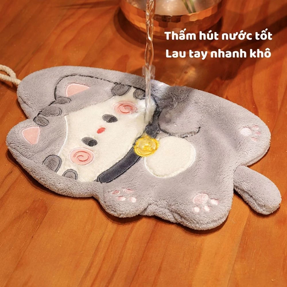 Khăn lau tay nhà bếp phòng tắm DINO hình mèo dễ thương chất liệu nhung lông cừu san hô siêu thấm hút có dây treo