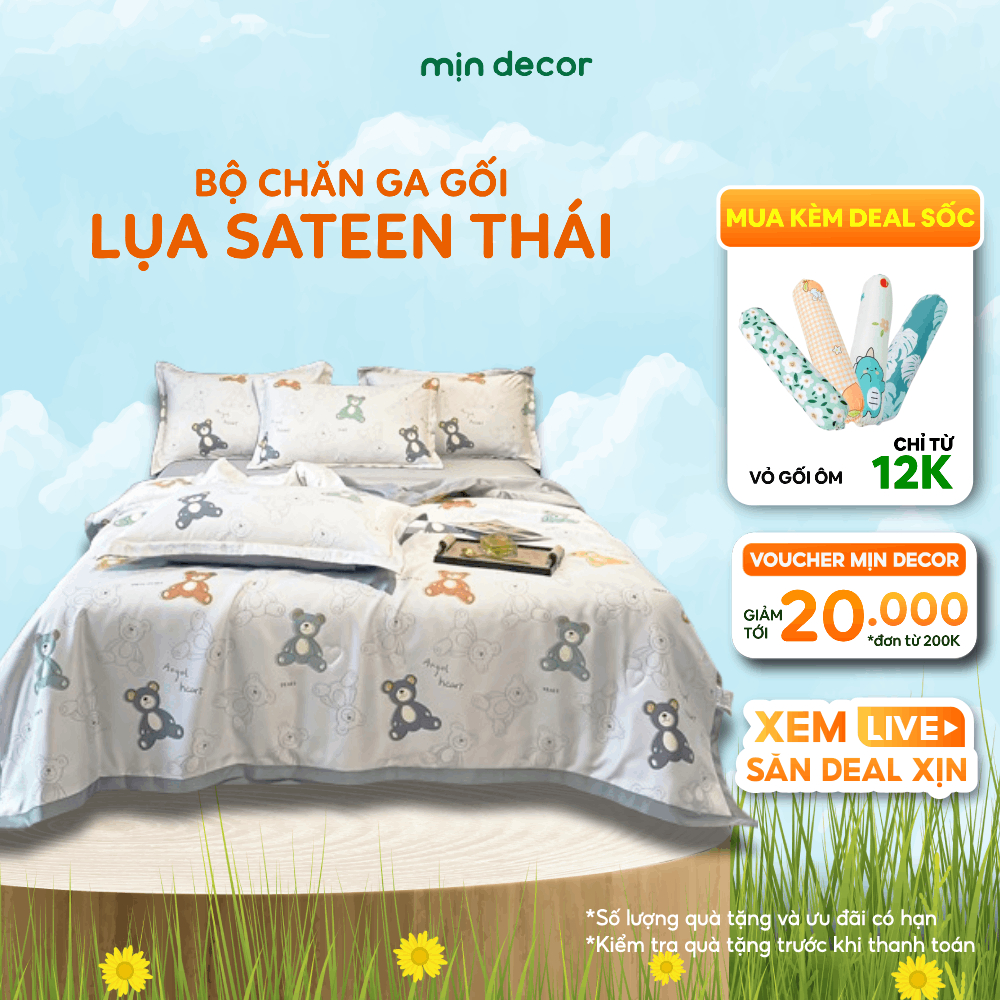 Ảnh Bộ Chăn Ga Gối Cotton Sateen Mịn Decor Bo Chun 10cm Đến 30cm, Bộ Lụa Thái Size 1m6 1m8 Kèm Chăn Chần 1
