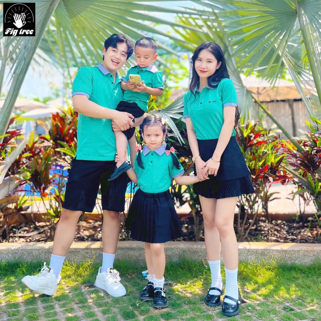 Combo Áo Gia Đình Fig Tree Thun Polo Cá Sấu Cao Cấp Màu Xanh Cốm, Hàng thiết kế, Nhiều size.