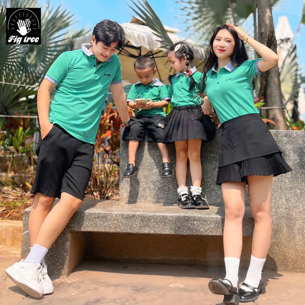 Combo Áo Gia Đình Fig Tree Thun Polo Cá Sấu Cao Cấp Màu Xanh Cốm, Hàng thiết kế, Nhiều size.