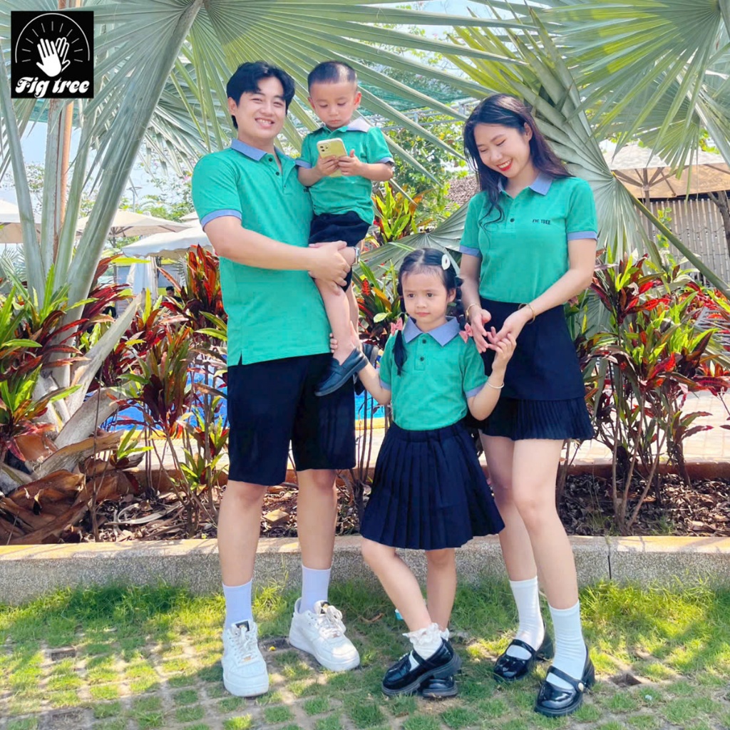 Combo Áo Gia Đình Fig Tree Thun Polo Cá Sấu Cao Cấp Màu Xanh Cốm, Hàng thiết kế, Nhiều size.