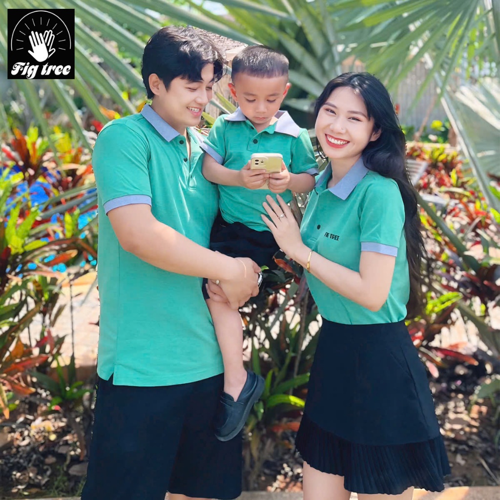 Combo Áo Gia Đình Fig Tree Thun Polo Cá Sấu Cao Cấp Màu Xanh Cốm, Hàng thiết kế, Nhiều size.