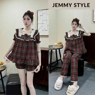 [SET ĐỒ NGỦ] Bộ pijama nữ, set đồ ngủ áo cộc tay cổ phối ren họa tiết caro đỏ chất cotton mát – HCOM25477 – JEMMYY STYLE